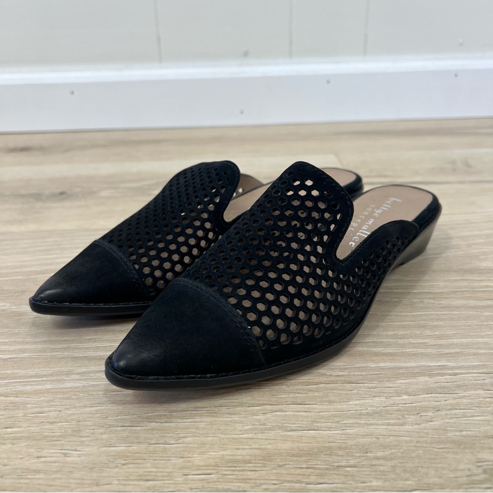 NEW Bettye Muller Black Cara Perforated Leather Mules